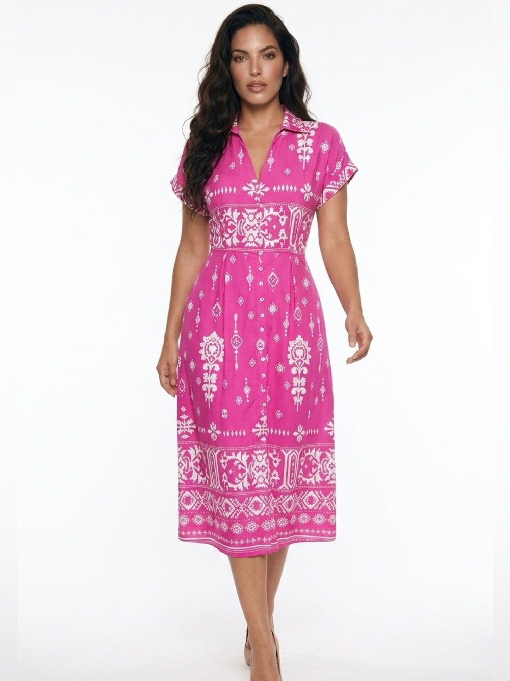 Pink Patterned Midi Dress